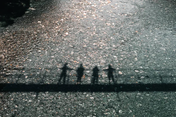 4人の黒い影が立ち並び 石と岩で満たされた澄んだ浅い川の水の上に吊橋の手すりの上にもたれている ワナカ湖 ニュージーランド — ストック写真