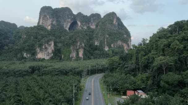 Majestuosas Montañas Gran Arboleda Vehículos Que Circulan Por Carretera Isla — Vídeo de stock