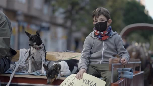 Junge Reiten Auf Pferdekutsche Mit Ihrem Haustier Hund Auf Dem — Stockvideo