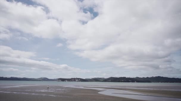 Mężczyzna Biegnący Kierunku Dużej Plaży Plaży Nowych Kumpli Nowa Zelandia — Wideo stockowe