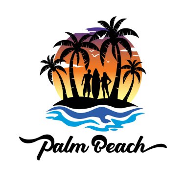 Plaj, hindistan cevizi ağacı ve yaz logosu tasarımı.