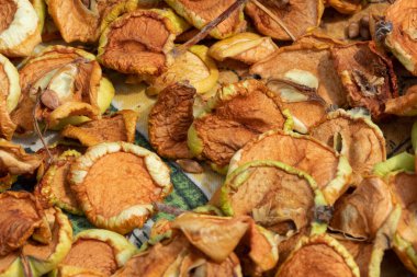 Dried apples. Homemade sun-dried organic apple slices, crispy apple chips