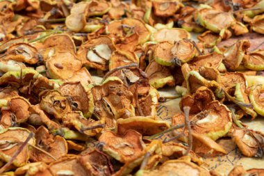 Dried apples. Homemade sun-dried organic apple slices, crispy apple chips