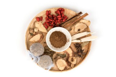 Chinese stew powder and herbs isolated on white surface.top view,flat lay.