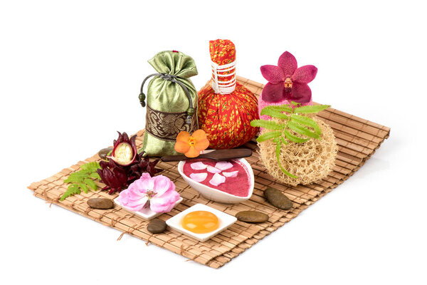 Face mask with damask rose , egg yolk and roselle isolated on white background.