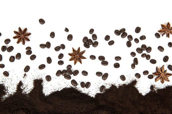 Coffee ground and seeds isolated on white surface. top view ,flat lay. 