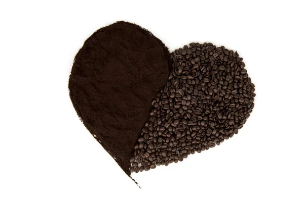 Kaffeemehl Und Samen Herzshaft Isoliert Auf Weißer Oberfläche Draufsicht Flache — Stockfoto