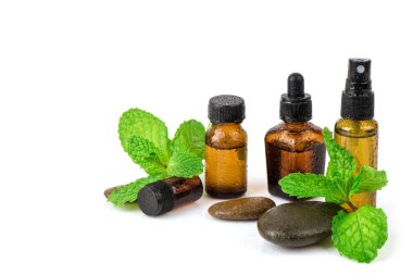 Kitchen mint or marsh mint green leaves and extracted in the bottle isolated on white background.