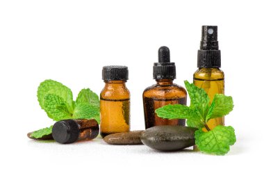 Mutfak nanesi ya da nane yeşili yaprak ve beyaz arka planda izole edilmiş şişede çıkarılmış..