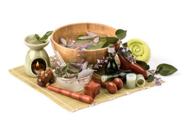 Spa küveti trifolia Purpurea çiçekleri, yeşil yapraklar ve beyaz arka planda merhem yapmak için kullanılan özü..