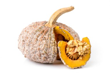 Pumpkin fruits and half isolated on white background.