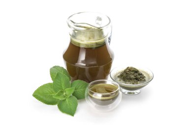 Hint borası, kekik otu ya da plectranthus amboinicus dalları yeşil yapraklar ve beyaz arka planda izole edilmiş suyla çıkarılmış..