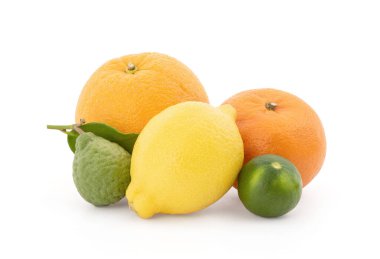 Portakallar, limon, limon ve Kaffir kireç meyveleri kesme yolu ile beyaz arka planda izole.