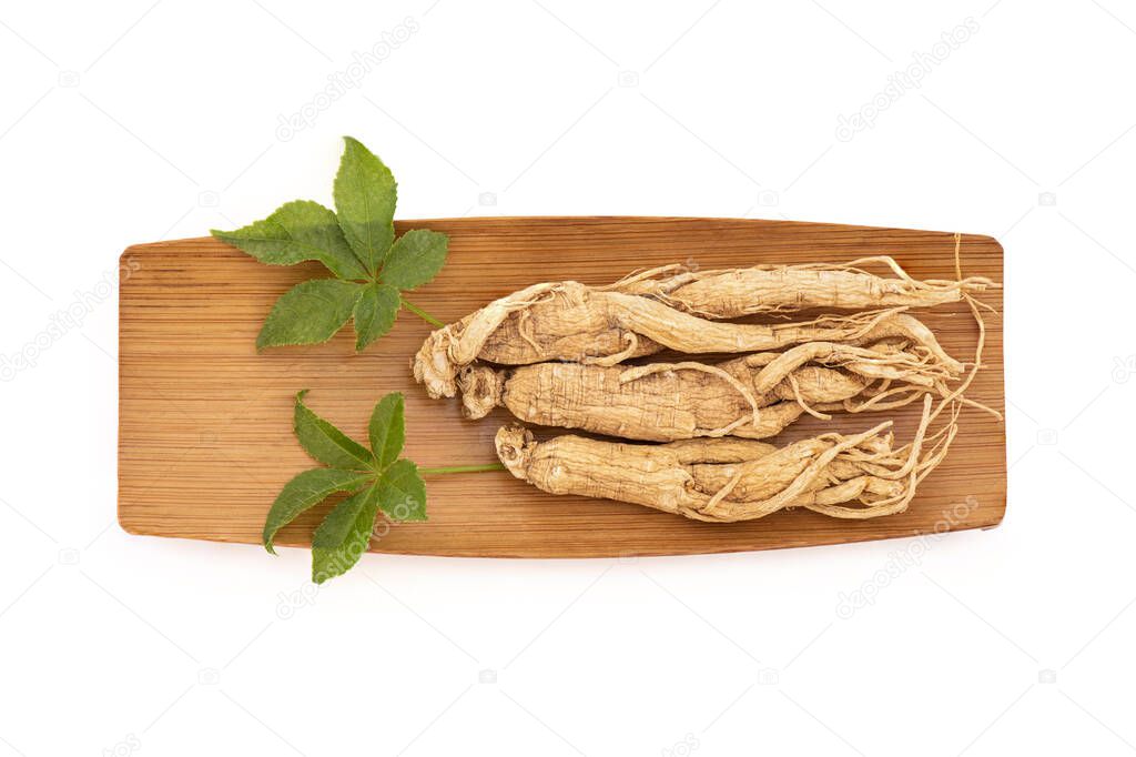 Ginseng and eleutherococcus trifoliatus green leaf on nature background with clipping path. 