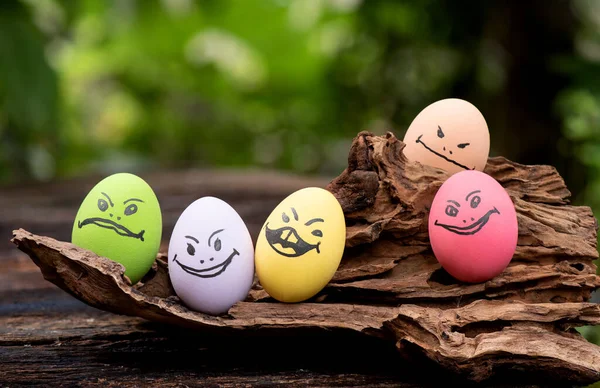 Colorful eggs with face feeling on nature background.