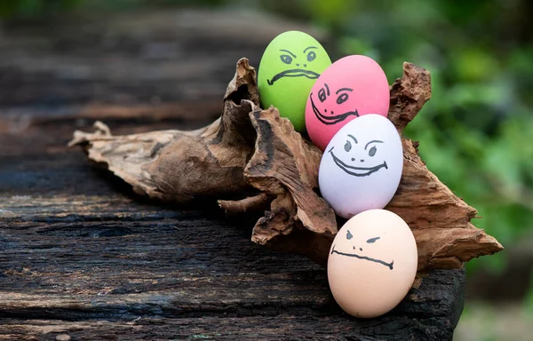 Colorful eggs with face feeling on nature background.