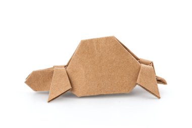 Kağıt kaplumbağa eski kağıttan katlanmış, beyaz arkaplanda kırpma yolu ile izole edilmiş.. 