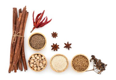 Mala chili tarifi ve kurutulmuş kırmızı biber, beyaz susam, kişniş tohumu, kimyon, kakule, yıldız anason, tarçın ve sichuan biberi gibi malzemeler..