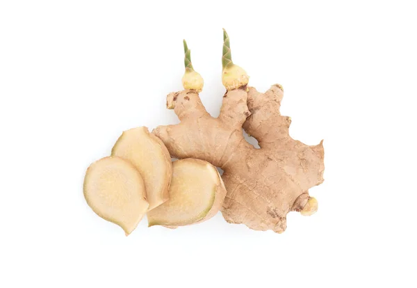 Ginger Rhizome Isolated White Background Clipping Path Top View Flat — Stock Photo, Image