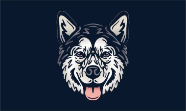 Alaksan Malamute baş illüstrasyon, vektör, el çizimi, siyah arkaplan üzerinde izole