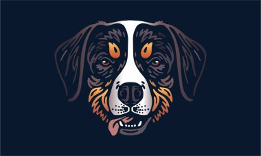 Bernese Dağ Köpeği baş illüstrasyonu, vektör, el çizimi, siyah arka planda izole.