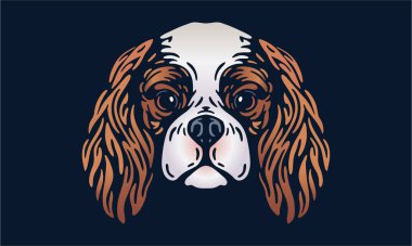 Şövalye Kral Charles Spaniel baş illüstrasyon, vektör, el çizimi, siyah arka planda izole