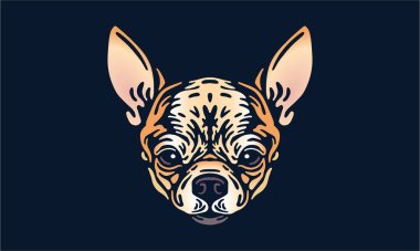 Chihuahua baş illüstrasyonu, vektör, el çizimi, siyah arka planda izole edilmiş.