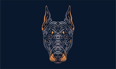 Doberman köpek logosu hayvan portresi, koyu arkaplanda vektör çizimi.