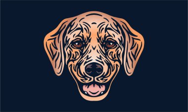 Golden retriver köpek logosu hayvan portresi, koyu arkaplanda vektör çizimi.