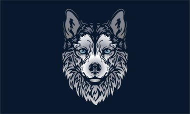 Husky köpek logosu hayvan portresi, koyu arkaplanda vektör çizimi.