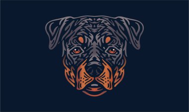 Rottweiler köpek logosu hayvan portresi, koyu arkaplanda vektör çizimi.
