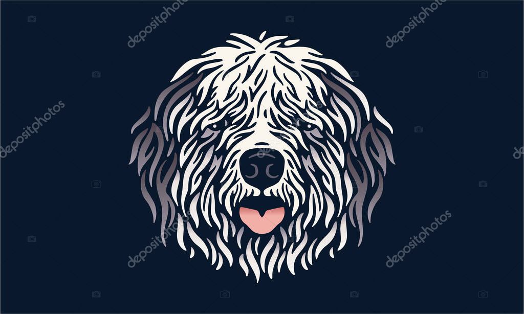 Old english sheepdog dog logo pet portrait, vector illustration on dark background.