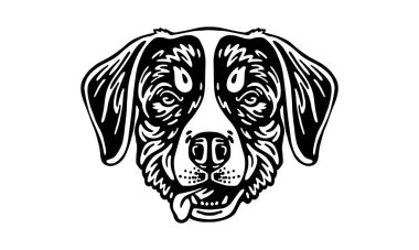 Bernese Dağ Köpeği baş illüstrasyonu, vektör, el çizimi, siyah beyaz, aydınlık arka planda izole edilmiş.