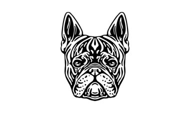 Fransız Bulldog baş illüstrasyonu, vektör, el çizimi, siyah beyaz, aydınlık zemin üzerinde izole edilmiş.