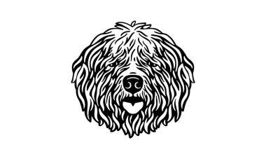 Eski İngiliz çoban köpeği baş illüstrasyonu, vektör, el çizimi, siyah beyaz, aydınlık zemin üzerinde izole edilmiş.