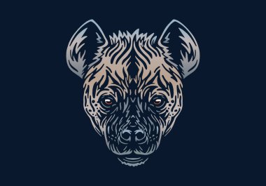 Benekli sırtlan başı illüstrasyonu, vektör, el çizimi, siyah arka planda izole edilmiş, Afrika hayvanı