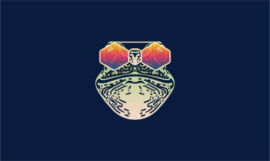 Güneş gözlüklü kurbağa, baş illüstrasyon, vektör, el çizimi, siyah arka planda izole edilmiş..