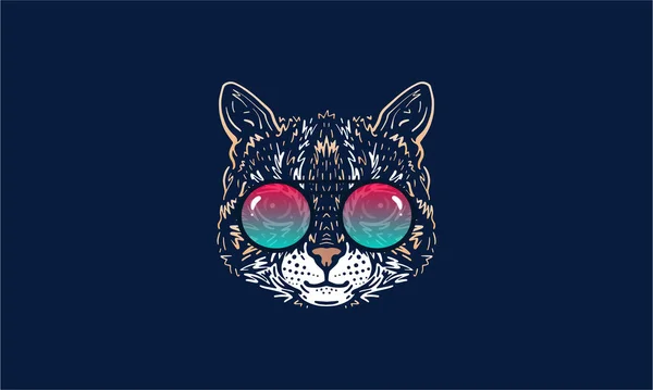 Gato Con Gafas Sol Ilustración Cabeza Vector Dibujado Mano Aislado — Vector de stock
