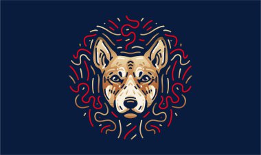 Köpek çin burcu çizimi, vektör, el çizimi, koyu arka planda izole edilmiş..