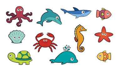Şirin deniz hayvanları çizimi, vektör, el çizimi, hafif arka plan..