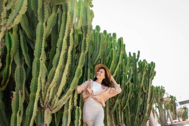 happy woman in straw hat looking at giant cactuses in park