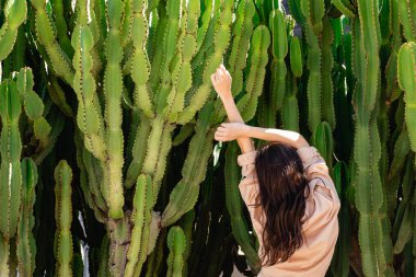 back view of brunette woman in beige shirt stretching with raised hands near giant cacti clipart