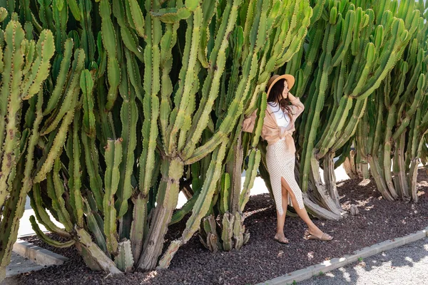 Hasır şapkalı ve etekli kadın, yeşil büyük kaktüslerin yanında.