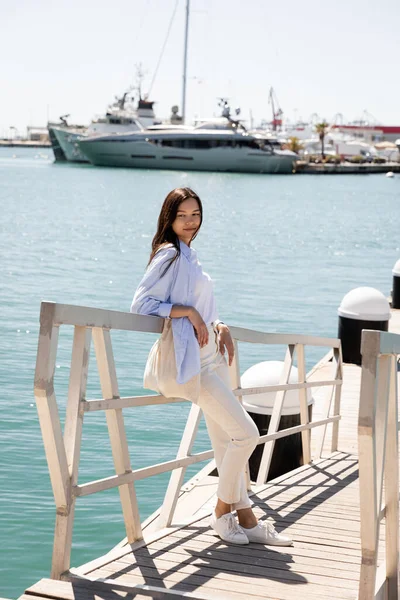 Full Length View Woman White Pants Standing Pier Seaport — Stok fotoğraf