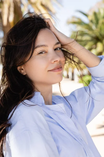 Retrato Mujer Morena Feliz Tocando Pelo Mientras Mira Cámara Aire — Foto de Stock