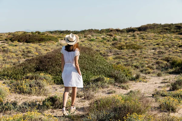 Achteraanzicht Van Vrouw Strohoed Lopend Buurt Van Gras Strand — Stockfoto