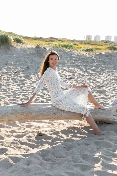 Plajda Ahşap Bir Kütükte Otururken Yaz Elbisesi Giymiş Olumlu Bir — Stok fotoğraf