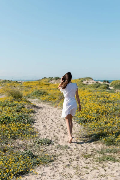 Visão Traseira Mulher Descalça Vestido Andando Areia Perto Flores Praia — Fotografia de Stock