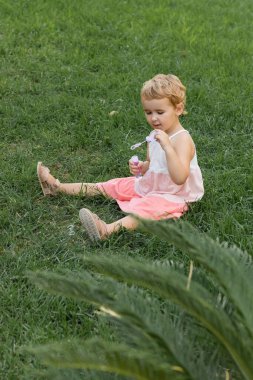 Toddler kid holding soap bubbles and sitting on grass outdoors 