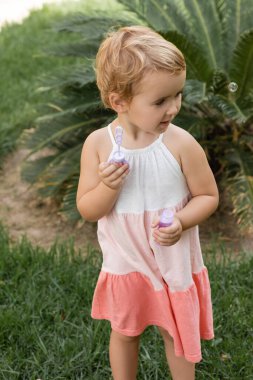 Toddler child in summer dress holding soap bubbles on lawn 